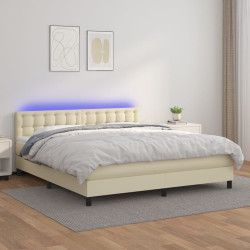 Cama box spring c/ colchão/LED 180x200cm couro artificial creme