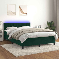 Cama box spring c/ colchão/LED 140x190 cm veludo verde-escuro