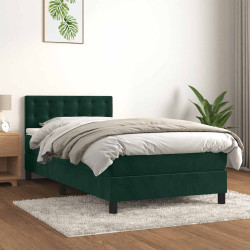 Cama box spring c/ colchão/LED 90x190 cm veludo verde-escuro