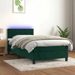 Cama box spring c/ colchão/LED 90x190 cm veludo verde-escuro