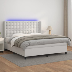Cama box spring c/colchão/LED 160x200cm couro artificial branco