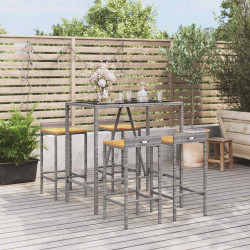 5 Pcs conjunto de bar p/ jardim vime PE/acácia maciça cinzento