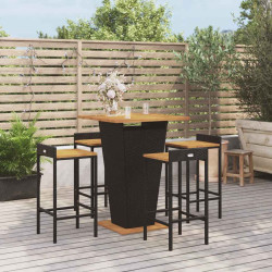 5 Pcs conjunto de bar p/ jardim vime PE/acácia maciça preto