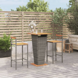 3 Pcs conjunto de bar p/ jardim vime PE/acácia maciça cinzento