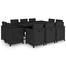 11 Pcs conjunto jantar exterior com almofadões vime PE preto