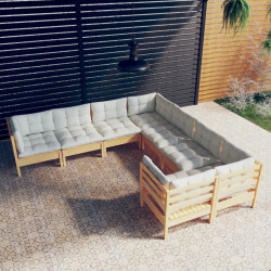 8 Pcs conjunto lounge jardim c/ almofadões creme pinho maciço