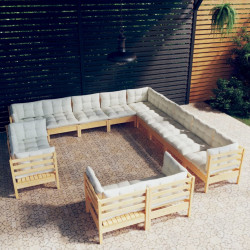 13 Pcs conjunto lounge jardim c/ almofadões creme pinho maciço