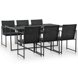 7 Pcs conjunto jantar exterior com almofadões vime PE preto