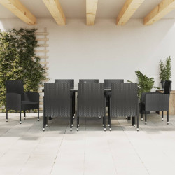 9 Pcs conjunto de jantar para jardim vime PE e aço preto