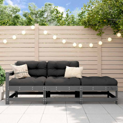 3 Pcs conjunto lounge jardim c/ almofadões madeira maciça cinza