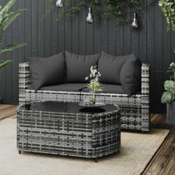 3 Pcs conjunto lounge de jardim c/ almofadões vime PE cinzento