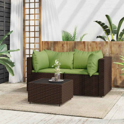 3 Pcs conjunto lounge jardim c/ almofadões vime PE castanho