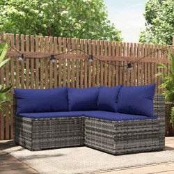 3 Pcs conjunto lounge de jardim c/ almofadões vime PE cinzento