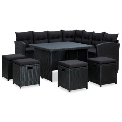 6 Pcs conjunto lounge de jardim c/ almofadões vime PE preto