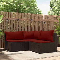 3 Pcs conjunto lounge jardim c/ almofadões vime PE castanho