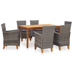 7 Pcs conjunto jantar vime PE madeira acácia maciça cinzento