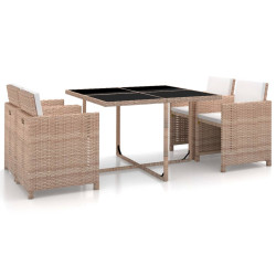 5 Pcs conjunto jantar exterior com almofadões vime PE bege