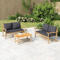 2Pcs conj. lounge de jardim bambu c/ almofadões cinzento-escuro