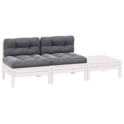 3 Pcs conjunto lounge jardim c/ almofadões pinho maciço branco