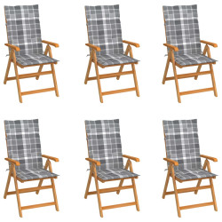 Cadeiras jardim c/ almofadões xadrez cinzento 6 pcs teca maciça