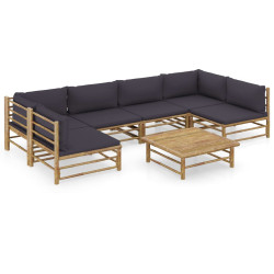 7 Pcs conj. lounge jardim em bambu c/ almofadões cinza-escuro