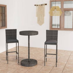 3 Pcs conjunto de bar p/ jardim c/ almofadões vime PE cinzento