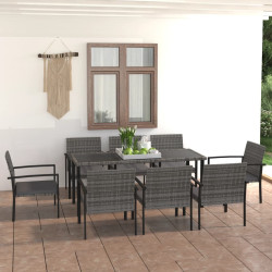 9 Pcs conjunto de jantar para jardim vime PE cinzento