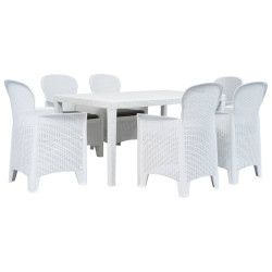 Conj. jantar p/ exterior 7 pcs plástico branco aspeto de vime