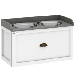 Comedouro elevado para cães com 2 tigelas 2000ml de aço inoxidável gaveta oculta com suporte de madeira 60x30x36cm branco