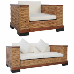 2 Pcs conjunto de sofás com almofadões vime natural castanho