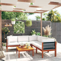 Conjunto de lounge de jardim com 6 peças e almofadas em madeira de acácia creme e corda