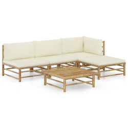 5 Pcs conj. lounge p/ jardim em bambu c/ almofadões branco nata