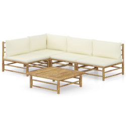 5 Pcs conj. lounge p/ jardim em bambu c/ almofadões branco nata