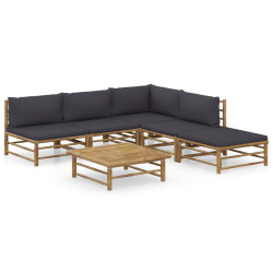 6 Pcs conj. lounge jardim em bambu c/ almofadões cinza-escuro