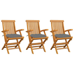 Cadeiras de jardim c/ almofadões cinzentos 3 pcs teca maciça