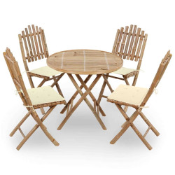 5 Pcs conj. de jantar dobrável c/ almofadões p/ exterior bambu
