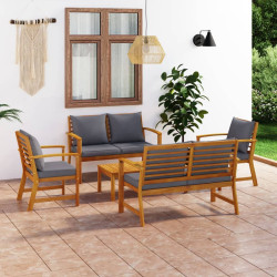 5 Pcs conjunto lounge de jardim c/ almofadões acácia maciça