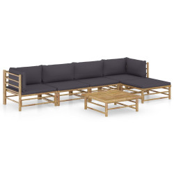 6 Pcs conj. lounge jardim em bambu c/ almofadões cinza-escuro