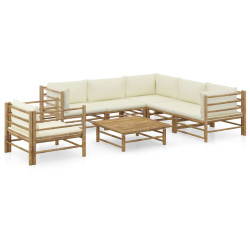 7 Pcs conj. lounge p/ jardim em bambu c/ almofadões branco nata