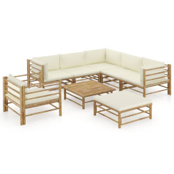 8 Pcs conj. lounge p/ jardim em bambu c/ almofadões branco nata