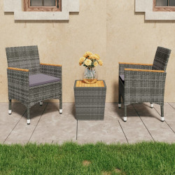 3 Pcs conjunto de bistrô vime PE e madeira de acácia cinzento