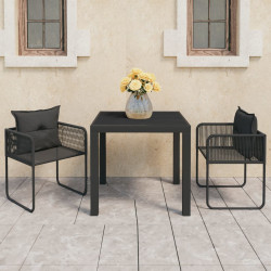 3 Pcs conjunto de jantar para jardim vime de PVC preto