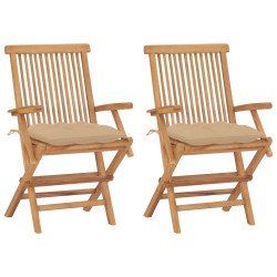 Cadeiras de jardim c/ almofadões beges 2 pcs teca maciça