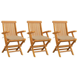 Cadeiras de jardim c/ almofadões beges 3 pcs teca maciça