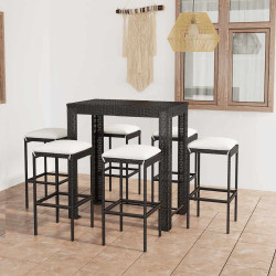 7 Pcs conjunto de bar p/ jardim c/ almofadões vime PE preto