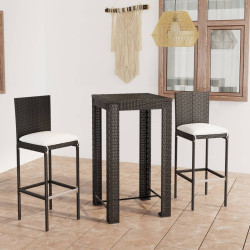 3 Pcs conjunto bar exterior com almofadões vime PE preto