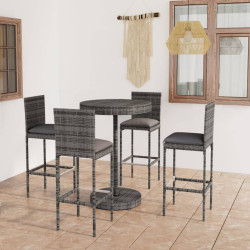 5 Pcs conjunto de bar p/ jardim c/ almofadões vime PE cinzento