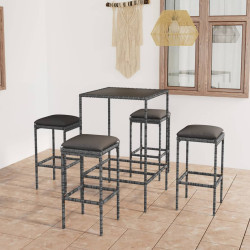 5 Pcs conjunto de bar p/ jardim c/ almofadões vime PE cinzento