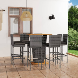 9 Pcs conjunto de bar p/ jardim c/ almofadões vime PE cinzento