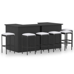 8 Pcs conjunto de bar p/ jardim com almofadões vime PE preto